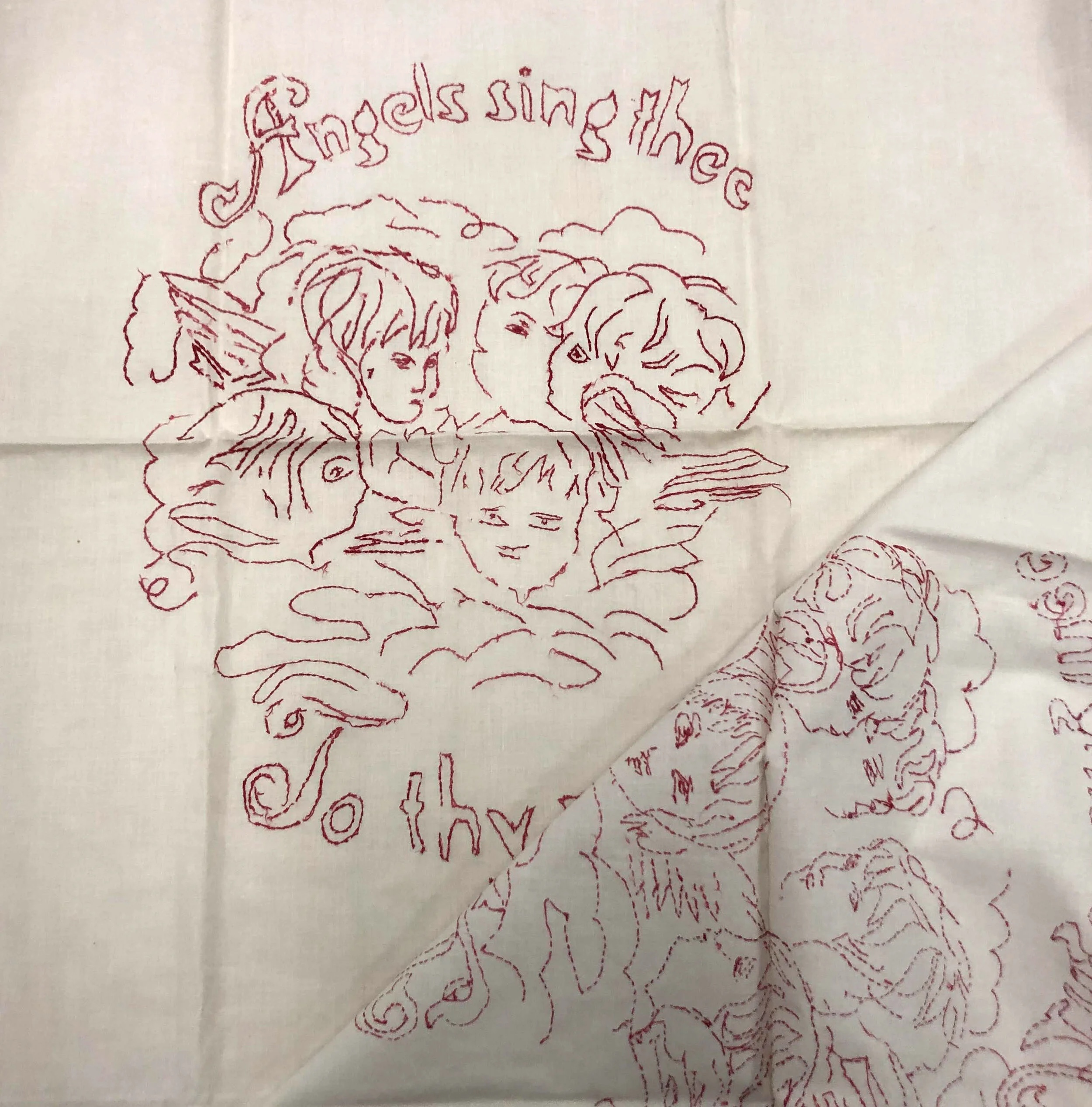 “Angels sing thee to thy bed”, hand embroidery on linen pillow shams. 1880. Minnesota Historical Society Collections, #71.105.2.A,B